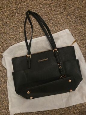 Michael Kors Black Leather Double-Handle Tote with Gold Hardware